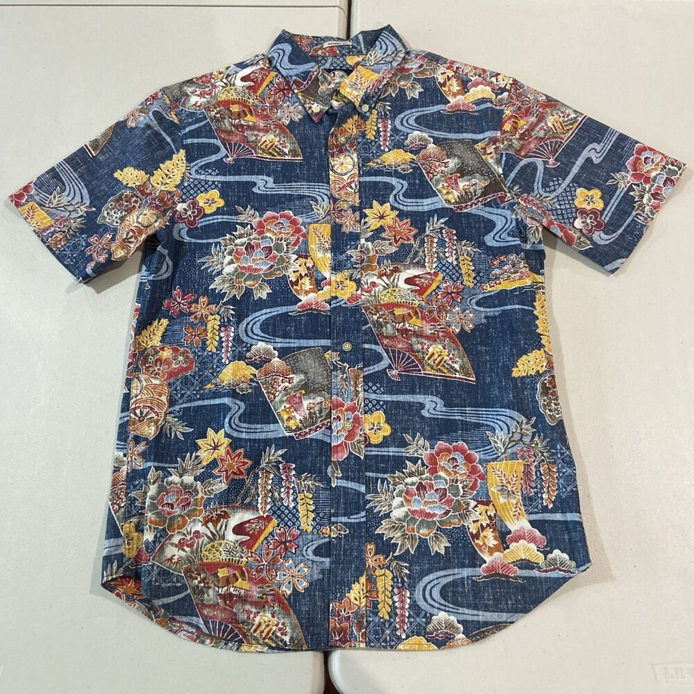 Reyn Spooner Mens Tailored Fit Japan Fans Floral Hawaiian Shirt Blue Medium M